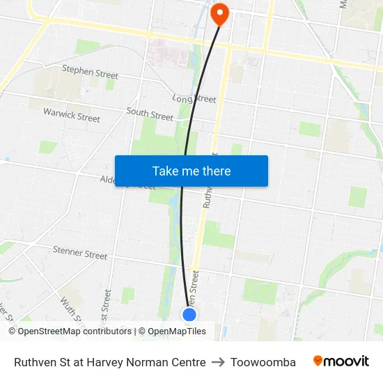 Ruthven St at Harvey Norman Centre to Toowoomba map