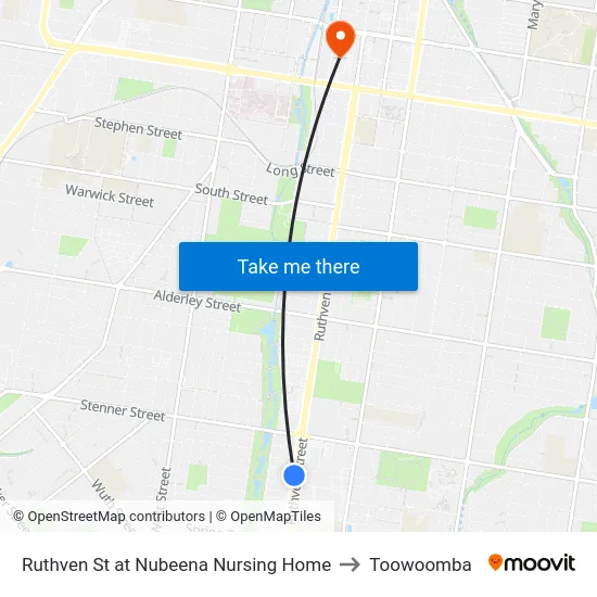 Ruthven St at Nubeena Nursing Home to Toowoomba map