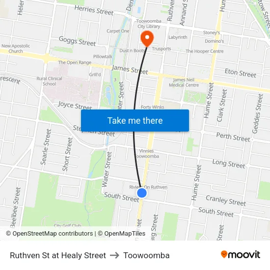 Ruthven St at Healy Street to Toowoomba map