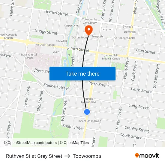 Ruthven St at Grey Street to Toowoomba map