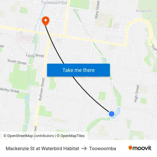 Mackenzie St at Waterbird Habitat to Toowoomba map
