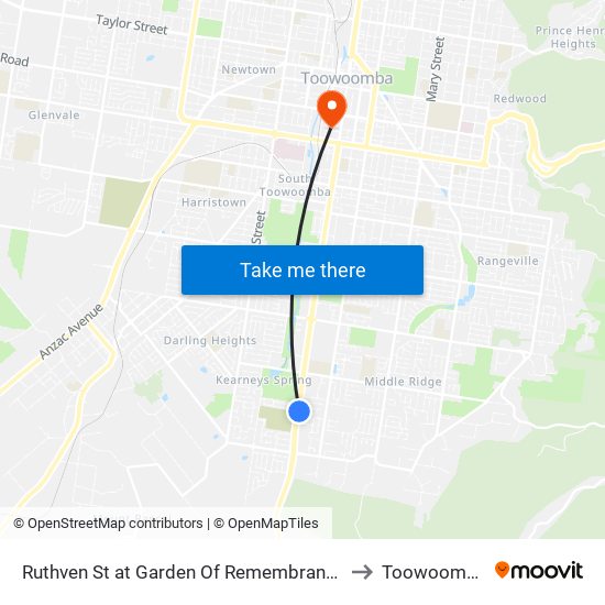 Ruthven St at Garden Of Remembrance to Toowoomba map