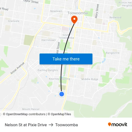 Nelson St at Pixie Drive to Toowoomba map