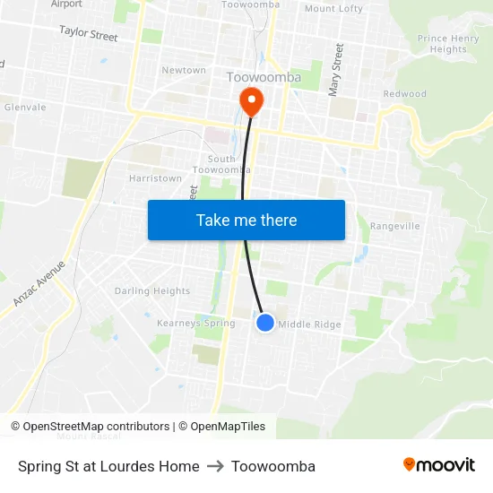 Spring St at Lourdes Home to Toowoomba map