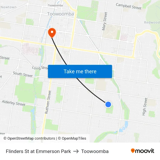 Flinders St at Emmerson Park to Toowoomba map