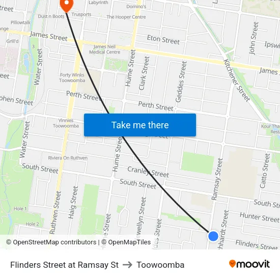 Flinders Street at Ramsay St to Toowoomba map