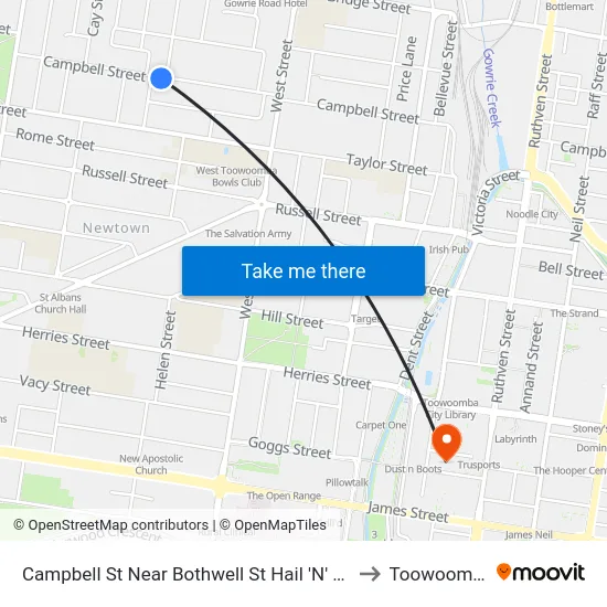 Campbell St Near Bothwell St Hail 'N' Ride to Toowoomba map