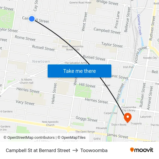 Campbell St at Bernard Street to Toowoomba map