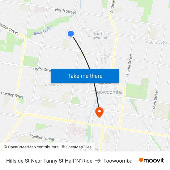 Hillside St Near Fanny St Hail 'N' Ride to Toowoomba map