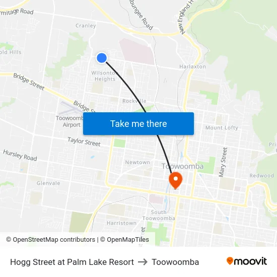 Hogg Street at Palm Lake Resort to Toowoomba map