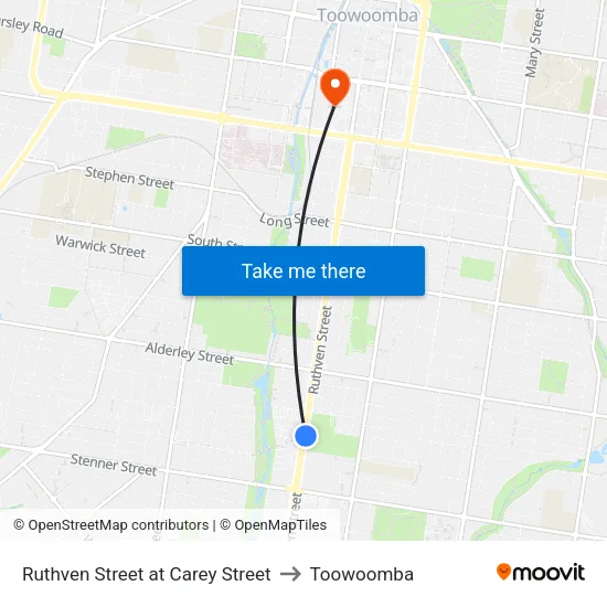 Ruthven Street at Carey Street to Toowoomba map
