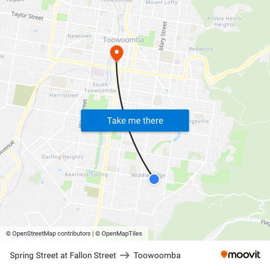 Spring Street at Fallon Street to Toowoomba map