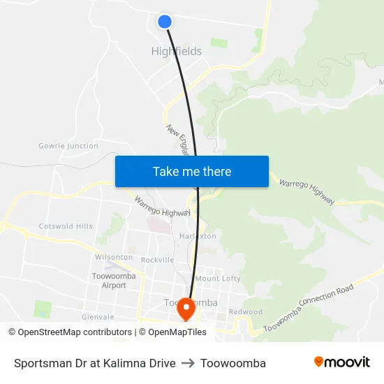 Sportsman Dr at Kalimna Drive to Toowoomba map