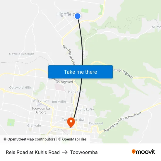 Reis Road at Kuhls Road to Toowoomba map