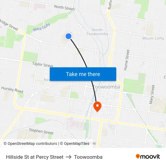 Hillside St at Percy Street to Toowoomba map