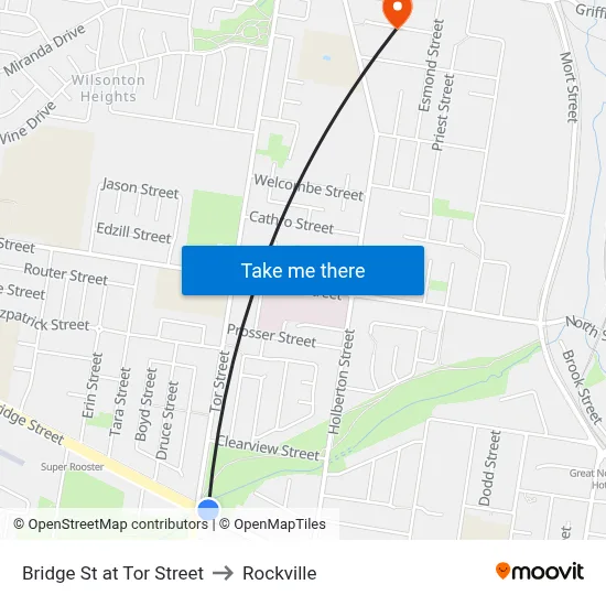 Bridge St at Tor Street to Rockville map