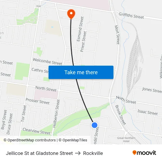 Jellicoe St at Gladstone Street to Rockville map