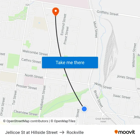 Jellicoe St at Hillside Street to Rockville map