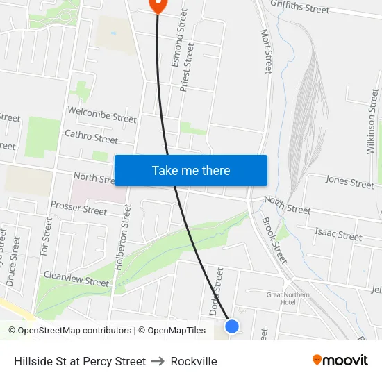 Hillside St at Percy Street to Rockville map