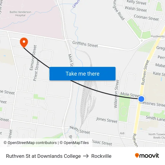 Ruthven St at Downlands College to Rockville map