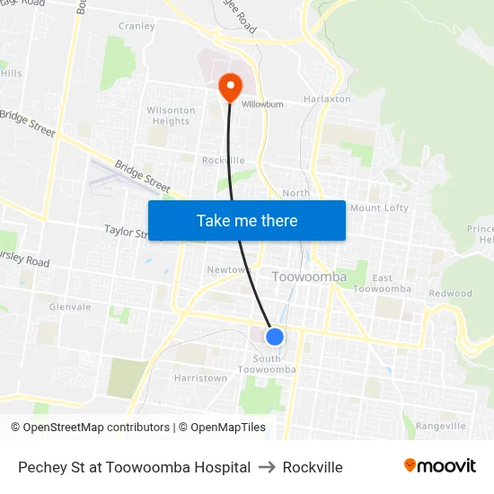 Pechey St at Toowoomba Hospital to Rockville map