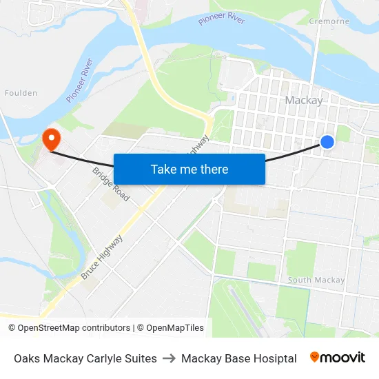 Oaks Mackay Carlyle Suites to Mackay Base Hosiptal map