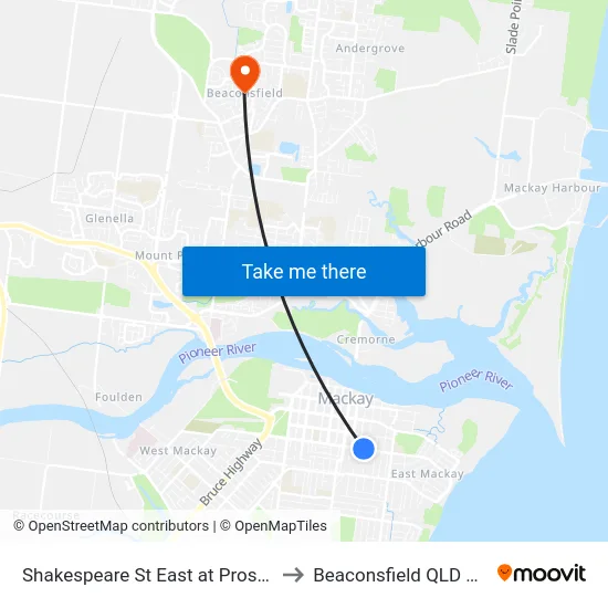 Shakespeare St East at Prospect Street to Beaconsfield QLD Australia map