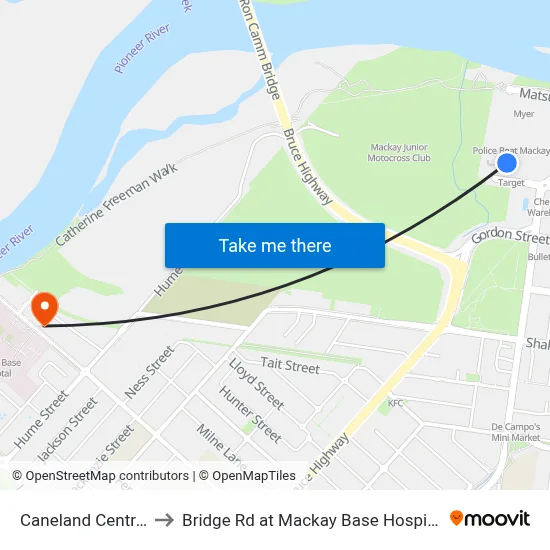 Caneland Central to Bridge Rd at Mackay Base Hospital map