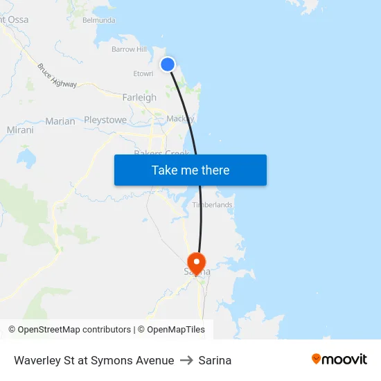 Waverley St at Symons Avenue to Sarina map