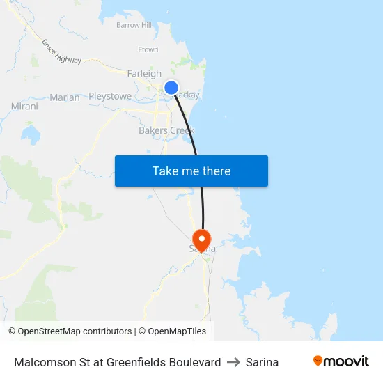 Malcomson St at Greenfields Boulevard to Sarina map