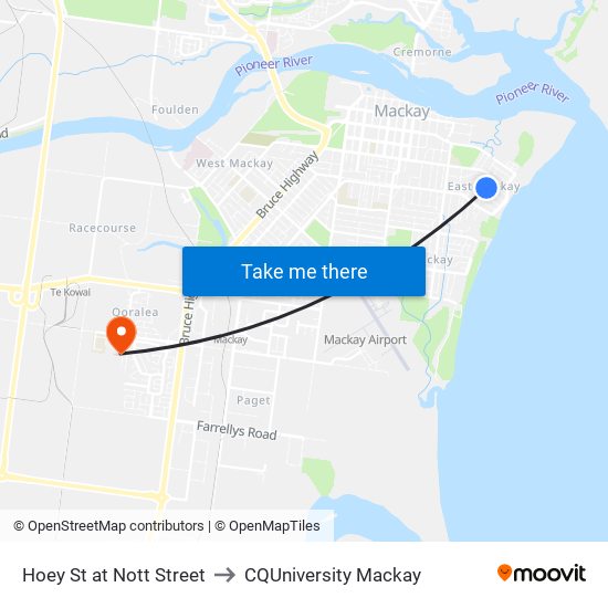 Hoey St at Nott Street to CQUniversity Mackay map