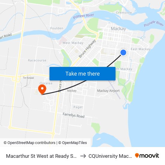 Macarthur St West at Ready Street to CQUniversity Mackay map