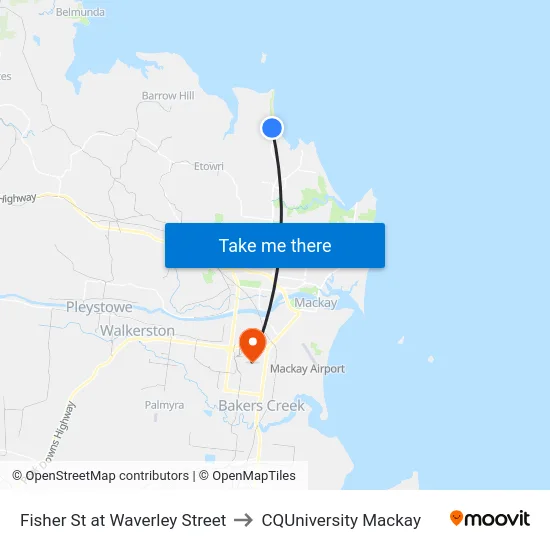 Fisher St at Waverley Street to CQUniversity Mackay map