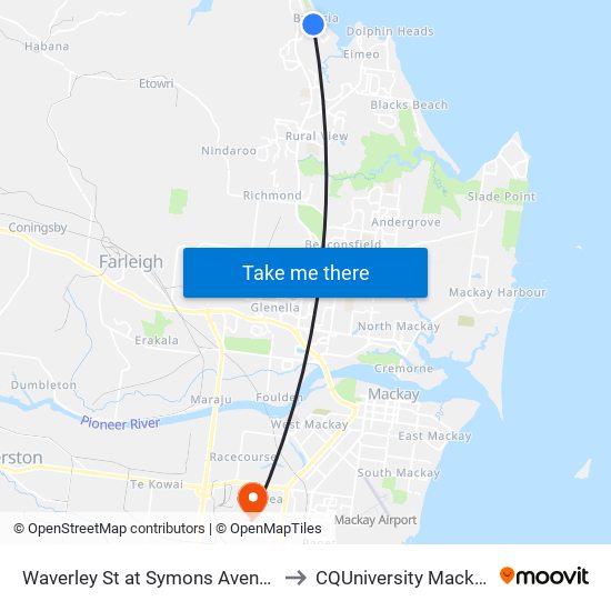 Waverley St at Symons Avenue to CQUniversity Mackay map