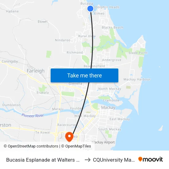 Bucasia Esplanade at Walters Avenue to CQUniversity Mackay map