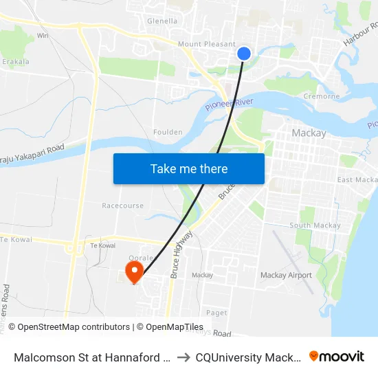 Malcomson St at Hannaford St to CQUniversity Mackay map