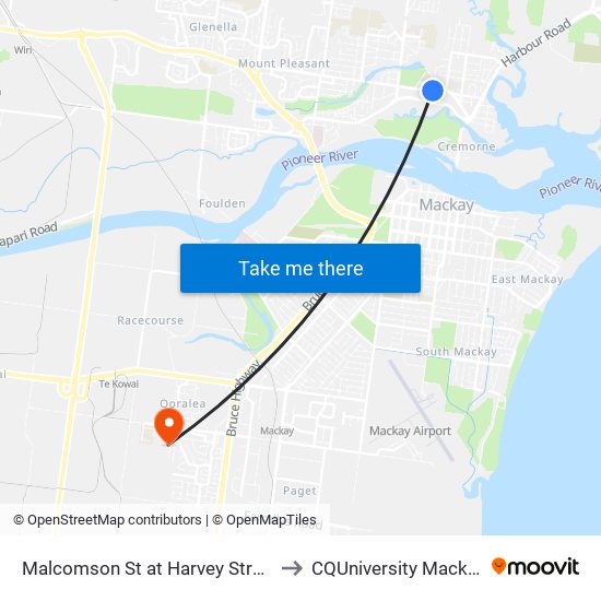 Malcomson St at Harvey Street to CQUniversity Mackay map