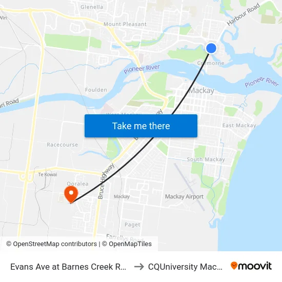 Evans Ave at Barnes Creek Road to CQUniversity Mackay map