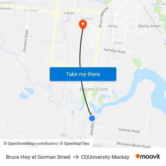 Bruce Hwy at Gorman Street to CQUniversity Mackay map