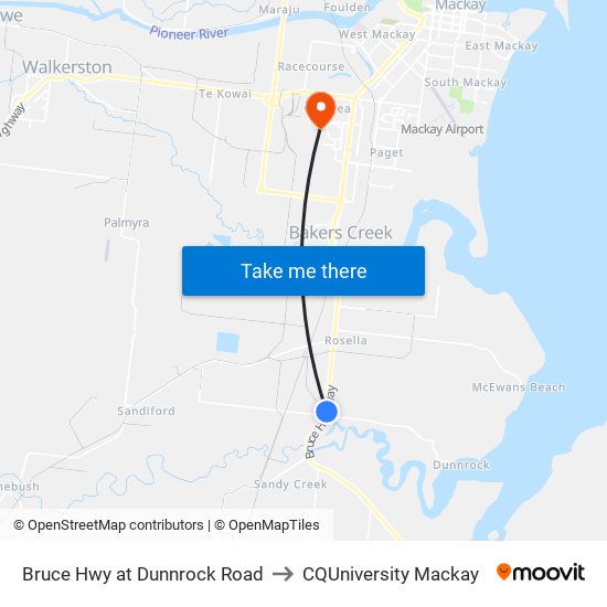 Bruce Hwy at Dunnrock Road to CQUniversity Mackay map