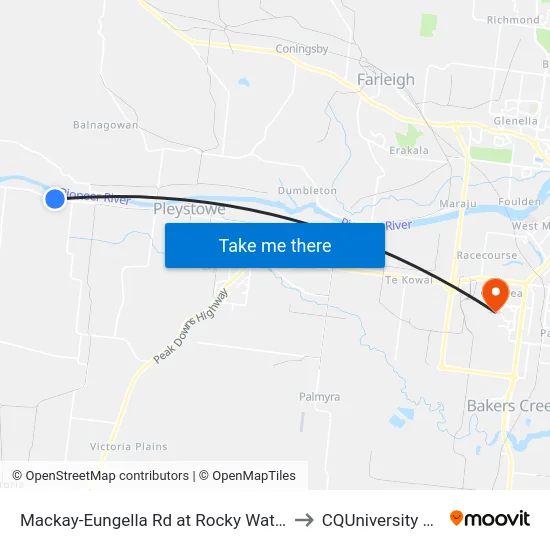 Mackay-Eungella Rd at Rocky Waterholes Road to CQUniversity Mackay map