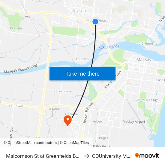 Malcomson St at Greenfields Boulevard to CQUniversity Mackay map