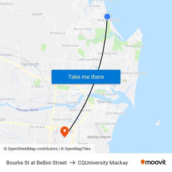 Bourke St at Belbin Street to CQUniversity Mackay map