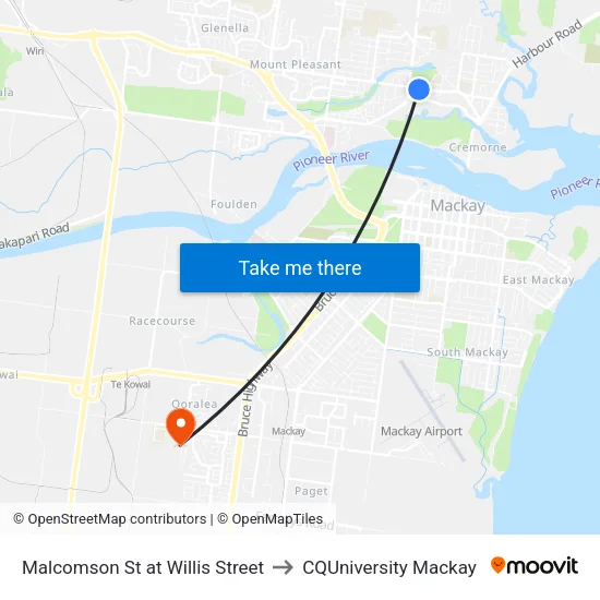 Malcomson St at Willis Street to CQUniversity Mackay map