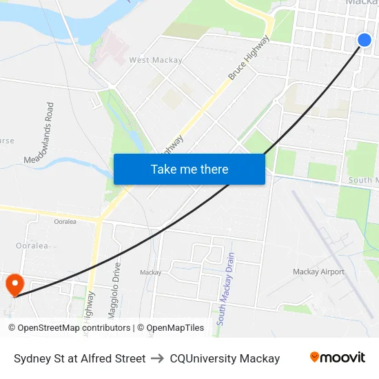 Sydney St at Alfred Street to CQUniversity Mackay map