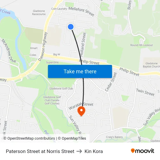 Paterson Street at Norris Street to Kin Kora map