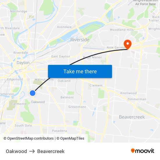 Oakwood to Beavercreek map