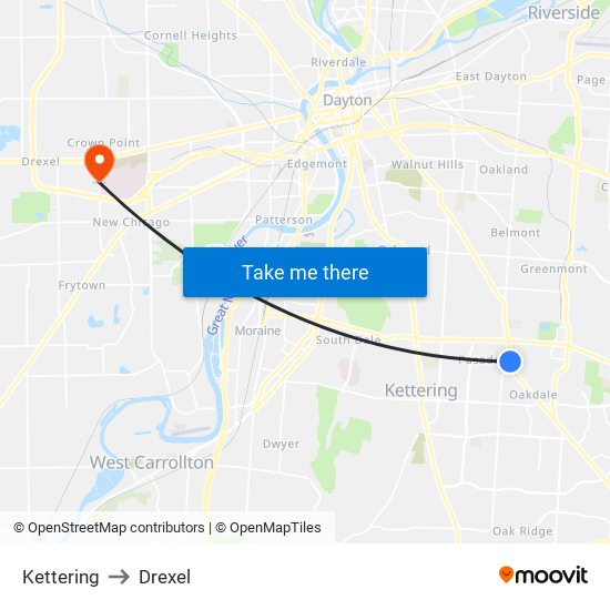 Kettering to Drexel map