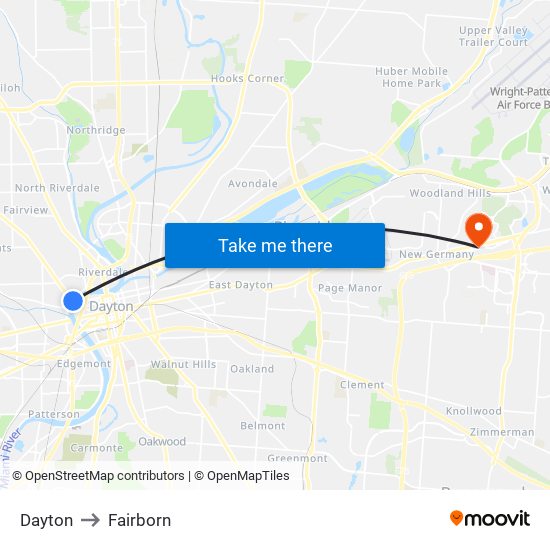 Dayton to Fairborn map