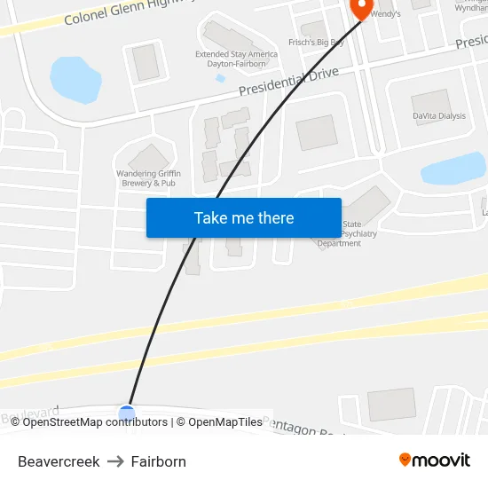 Beavercreek to Fairborn map